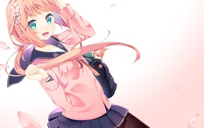 school uniform, anime girls, pink hair, skirt, hair ornament, original characters
