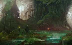 fantasy art, trees, river, sword, forest, artwork