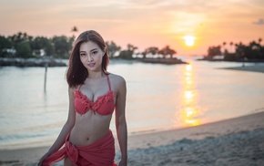 bikini tops, sunset, Asian, girl, smiling