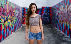 girl, pierced navel, jean shorts, flat belly, walls, portrait