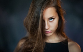 face, Olesya Grimaylo, hair in face, auburn hair, girl, blue eyes