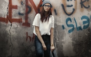 girl, girl with glasses, walls, jeans