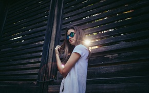 girl, T, shirt, portrait, girl with glasses