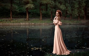 dress, girl outdoors, strapless dress, trees, nature, lake