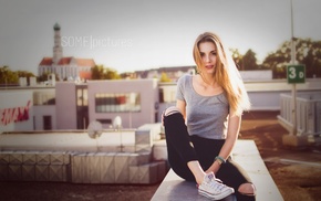 girl, sitting, blonde, pants, portrait, sneakers