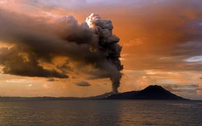 clouds, landscape, sunset, volcano, sea, eruption