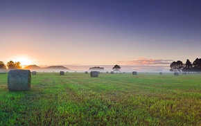 multiple display, mist, landscape, sunrise, haystacks