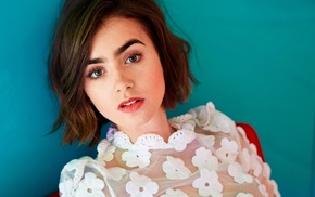 looking at viewer, white dress, dress, girl, Lily Collins, simple background