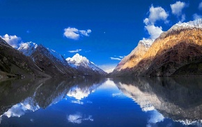 lake, reflection, water, landscape, clouds, snowy peak