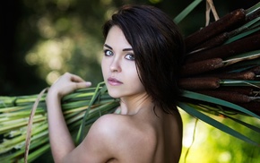 model, bamboo, girl, depth of field, bare shoulders, girl outdoors