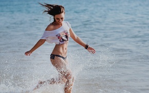 water, smiling, running, girl, sea, bikini