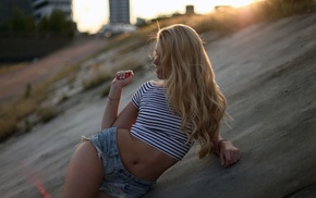 looking away, blonde, girl, sunset, jean shorts