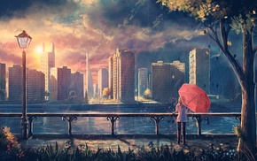 dusk, artwork, city, umbrella
