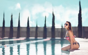 girl, girl with glasses, swimming pool, sitting, bikini