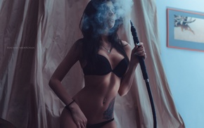 smoke, smoking, pierced navel, tattoo, black lingerie, Eduard Makartychan