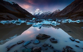 snowy peak, water, blue, lake, mountain, sunrise