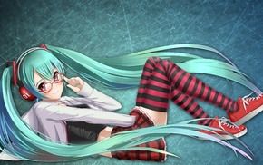 girl with glasses, Hatsune Miku, blue hair, plaid, twintails, anime
