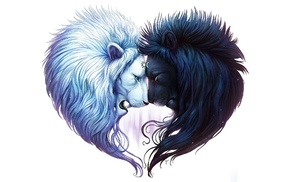 digital art, simple background, white background, white hair, lion, black hair