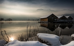winter, reflection, calm, nature, mountain, snow