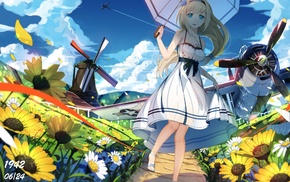 dress, original characters, aircraft, sunflowers, umbrella, clouds