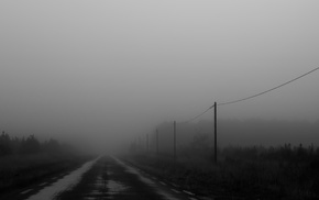 road, mist, landscape, monochrome