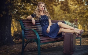 blonde, looking at viewer, bench, blue dress, model, long hair