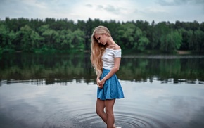 skirt, girl outdoors, bare shoulders, river, long hair, girl