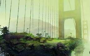 forest, apocalyptic, green, Golden Gate Bridge, nature, artwork