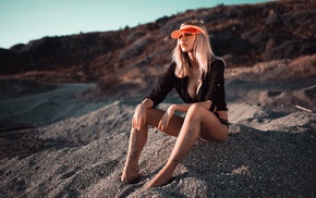 looking away, sitting, sand, blonde, girl