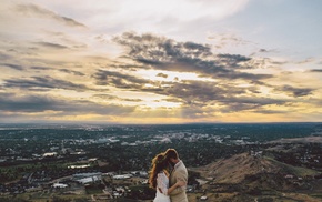 couple, sun rays, sunset, just married, landscape, clouds