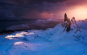 winter, summit, landscape, sunrise, sea, Scotland