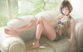 brunette, brown eyes, hot pants, painting, couch, original characters