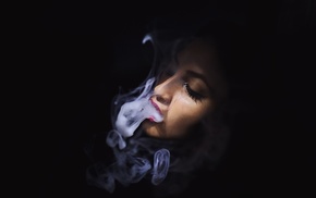black background, face, girl, smoke