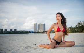 Asian, girl, sand, bikini, looking away