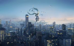 cityscape, ferris wheel, birds, sky, Vocaloid, Hatsune Miku