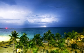 lightning, palm trees, clouds, sea