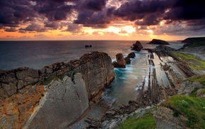 sunset, sea, coast, landscape, nature, rock formation