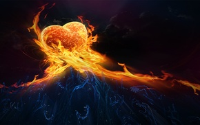 hearts, dark background, arms up, fire, digital art