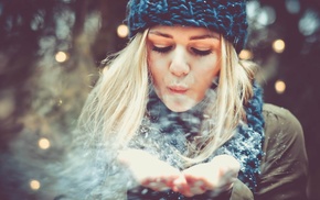 girl, hat, blonde, snow, winter