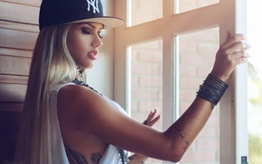 girl, closed eyes, tattoo, blonde, portrait, baseball caps