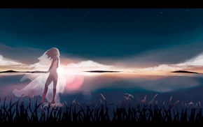 anime girls, original characters, sunset, water, white dress