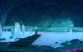 magic, fantasy art, blue, pond, cave