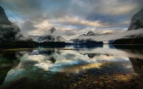 sunrise, mist, clouds, New Zealand, reflection, mountain