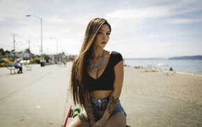 Kristina Chai, tattoo, girl, sitting, jean shorts