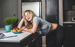 open mouth, looking down, yoga pants, kitchen