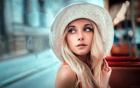 girl, portrait, blonde, hat, model, hazel eyes