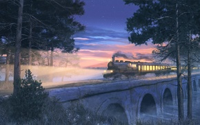 night, steam locomotive, train, ArseniXC, bridge