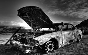 car, wreck, Nissan Skyline R32, monochrome