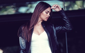 brunette, girl, model, leather jackets, Kyra Santoro