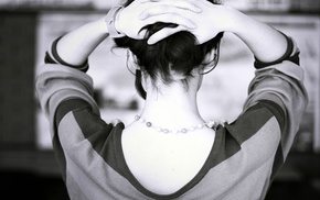 sweater, monochrome, necklace, hands on head, back, girl
